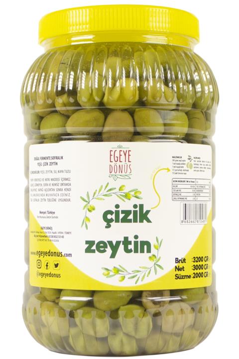 EGEYE DÖNÜŞ Ev Yapımı Geleneksel Yeşil Çizik Zeytin - (naturel Salamura Sadece Kayatuzu Ve Su Içerir) 2 kg.