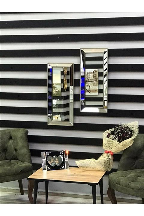 VeraConcept Dekoratif 2li Dekoratif Duvar Salon Ofis Çerçeveli Ayna Gümüş 30x75