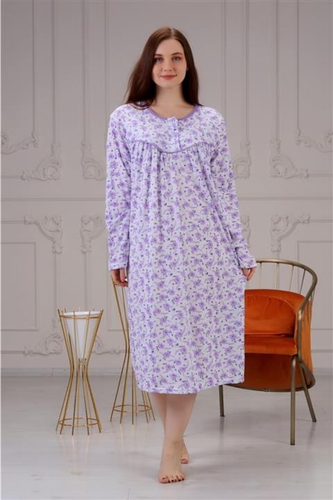 Trendmily Lila Çiçek Desenli Bisiklet Yaka Uzun Kol Gecelik