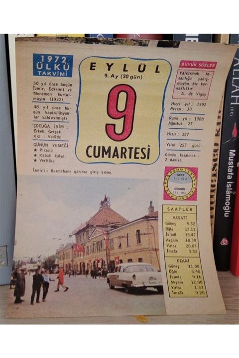 Mahfuz 9 Eylül 1972 Cumartesi * Orjinal Dönem Ülkü Takvim Yaprağı Efemera