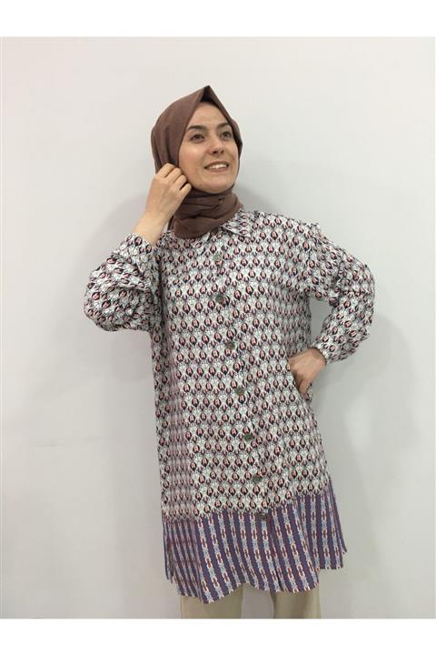 AVAHİ Kadın Bej Geometrik Desenli Viskon Uzun Gömlek