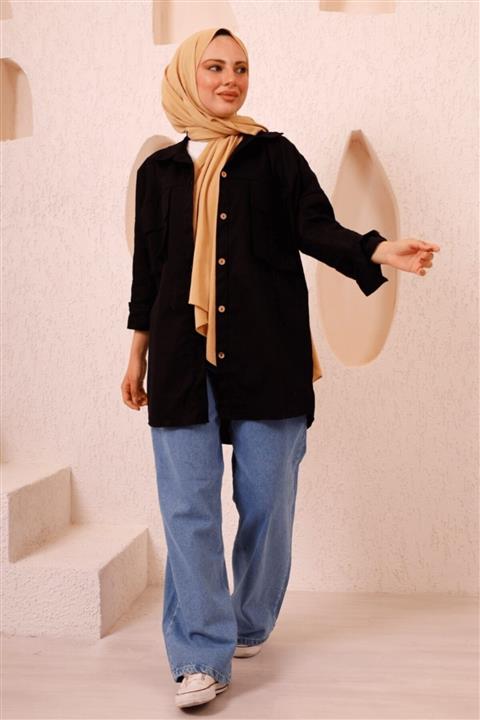 Bestenur Kapak Cepli Gabardin Salaş Gömlek - Siyah
