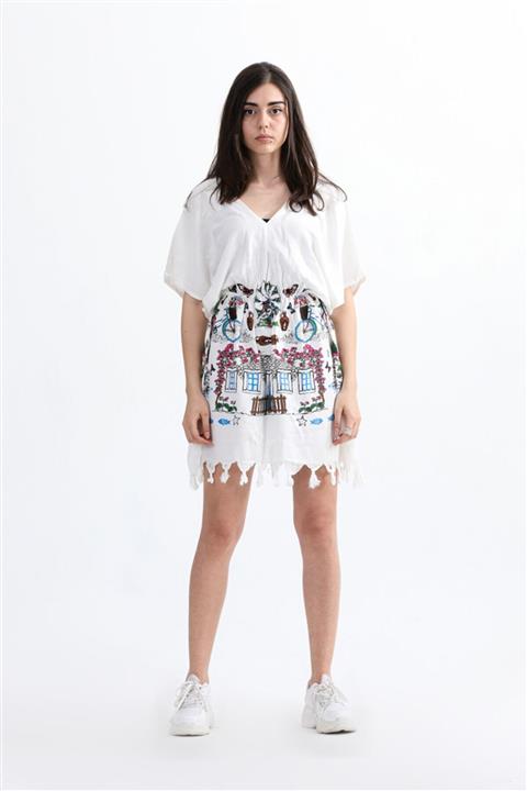 Arven Kadın Beyaz Mavi Beli Lastikli Pareo Tunik Arv064