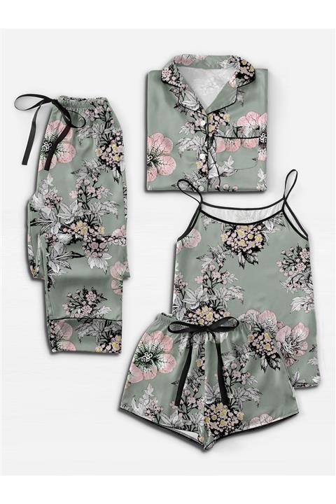 Pembishomewear Kadın Su Yeşili Gömlek Yaka Saten Pijama Seti 4 Parça