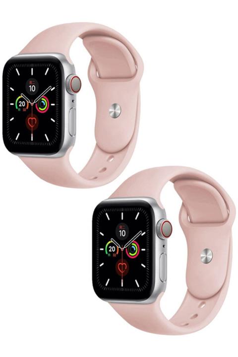 Apple Watch 1 2 3 4 5 6 Se 38 - 40 mm Klasik Spor Silikon Kordon 2'li Pembe Set