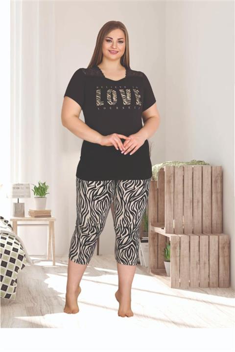 tarzimsuper Kadın Büyük Beden Zebra Desenli Kapsi Siyah Pijama Takımı