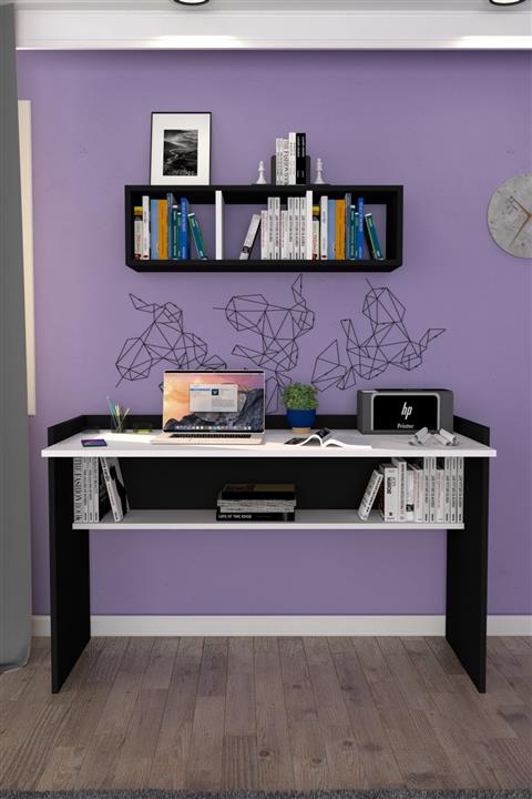 Moonlife 118 Cm Sera Çalışma Masası Duvar Raflı Beyaz Siyah