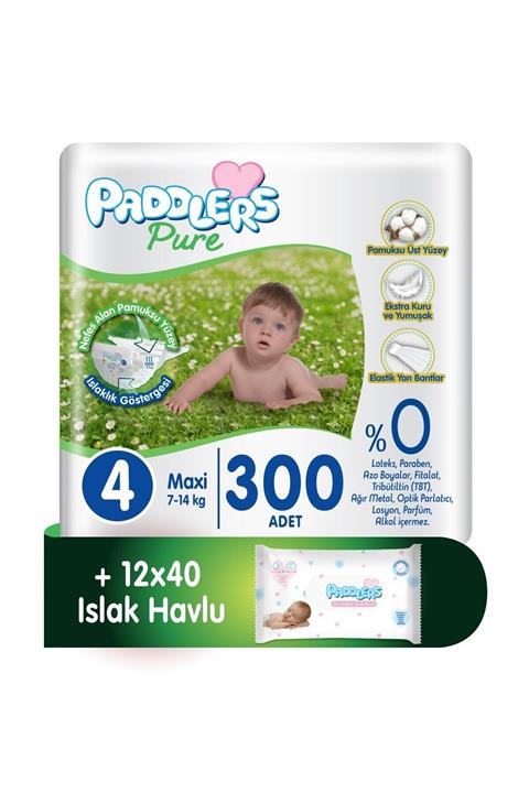 Paddlers Pure Bebek Bezi 4 Numara Maxi 300 Adet + 12x40 Yenidoğan Islak Havlu