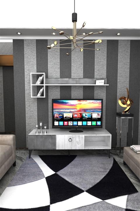 kolex Azra Tv Ünitesi 160 Cm Antik Beyaz Renk, Siyah Ayaklı