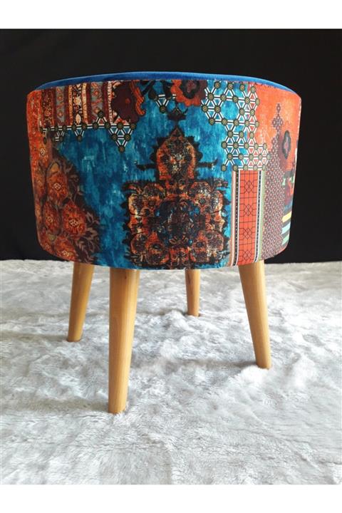 albatros collection Gürgen Ahşap Ayaklı Dekoratif Anatolia Etnik Üst Lacivert Desenli Silindir Puf Bench Koltuk Sandalye