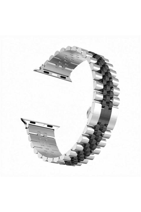 Apple Watch Series 6 44 Mm Uyumlu Ayarlanabilir Klipsli Metal Kordon Gümüş Siyah + Popsocket