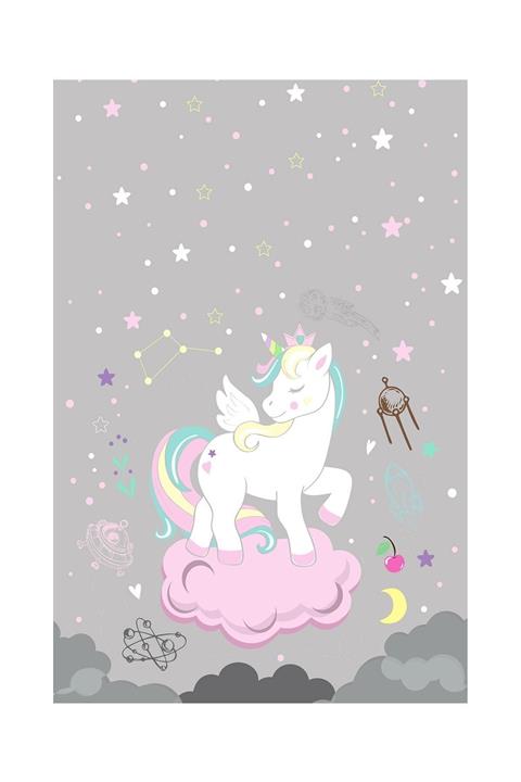 CİCİ TASARIM ÜRÜNLERİ 5 Mm Ince Keçe Kaymaz Tabanlı Dekoratif Bebek Çocuk Odası Halısı Pony At Ve Yıldızlar