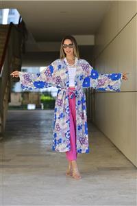 my BUKLE Keten Kimono Mavi Pembe Çiçekli Kuşaklı