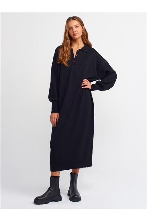 Dilvin 2934 Polo Yaka Düğmeli Triko Elbise-siyah