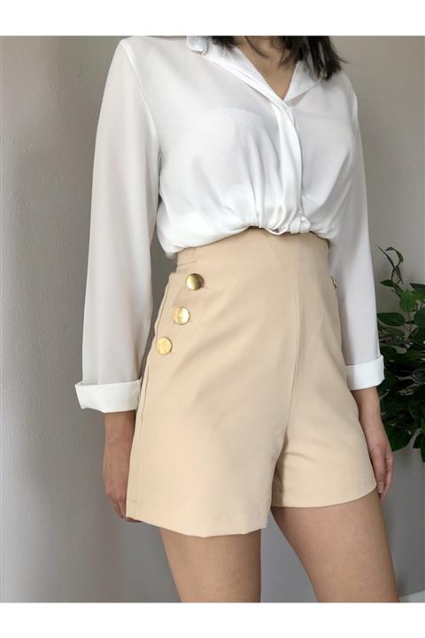 APOLLON STORE Kadın Camel  Düğme Detaylı Kumaş Şort