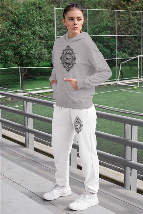 Angemiel Wear Üçgen Motifleri Ay Ve Göz Kadın Eşofman Takımı Gri Kapüşonlu Sweatshirt Beyaz Eşofman Altı