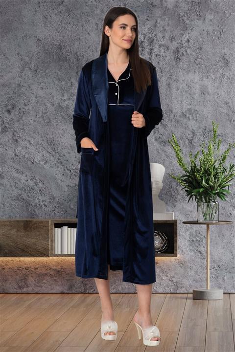 ByLohusa Kadın Lacivert Kadife Sabahlıklı Gecelik Takım 5567