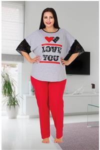 tarzimsuper Kadın Büyük Beden Dantelli Love You Baskılı Pijama Takımı