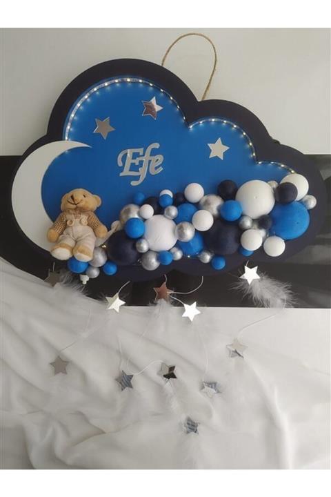 Beyaz Gelincik Tasarım Efe Mavi Lacivert Erkek Bebek Ahşap Bulut Kapı Süsü
