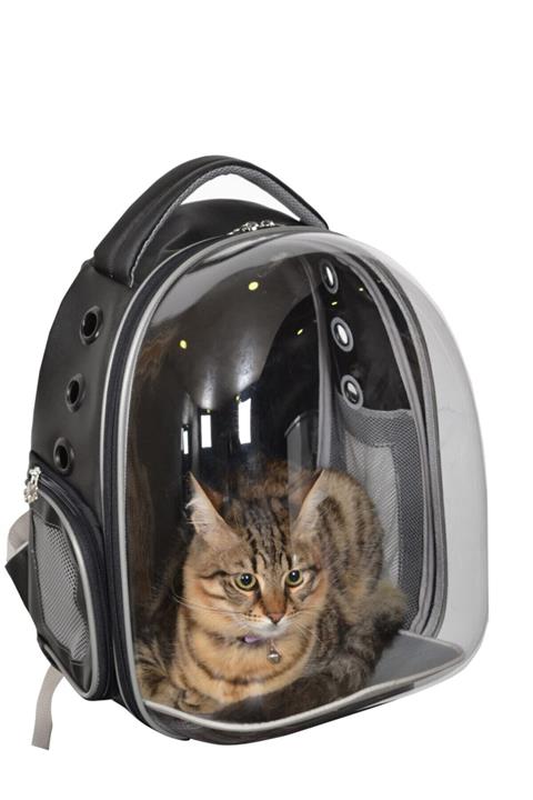 RELIANCE Kedi Taşıma Çantası Şeffaf Astronot-suni Deri Siyah Simli