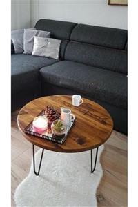 w & s Woodysharky Ahşap Yuvarlak Dekoratif Metal Ayak Orta Sehpa 70 cm
