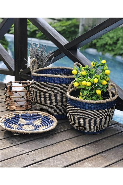 did homeware Sümer Naturel Örme Lacivert 2'li Hasır Sepet Seti