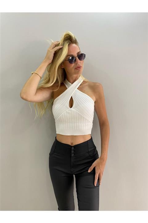 Simshe Kadın Çapraz Boyun Detaylı Ekru Triko Crop