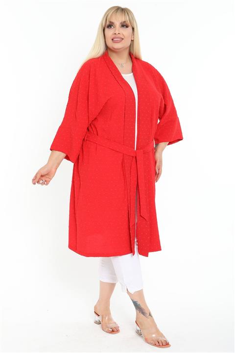 Mooi XXL Kadın Kırmızı Puantiye Kabartmalı Ayrobin Büyük Beden Kimono
