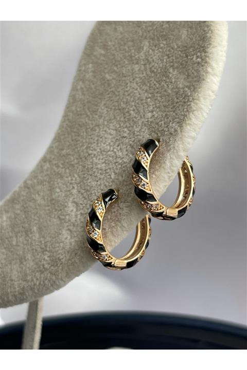 SAJA JEWELRY Siyah Mineli Zirkon Taşlı Halka Küpe