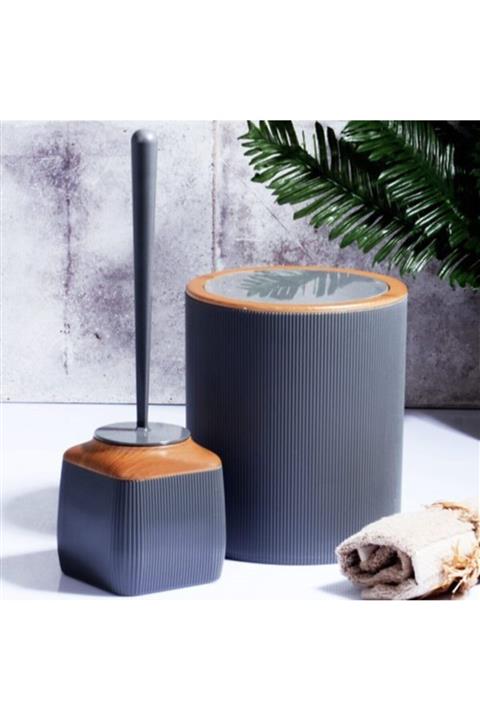 Begin Power Ahşap Fitilli 2'li Banyo Seti Füme Çöp Kovası Klozet Fırçası