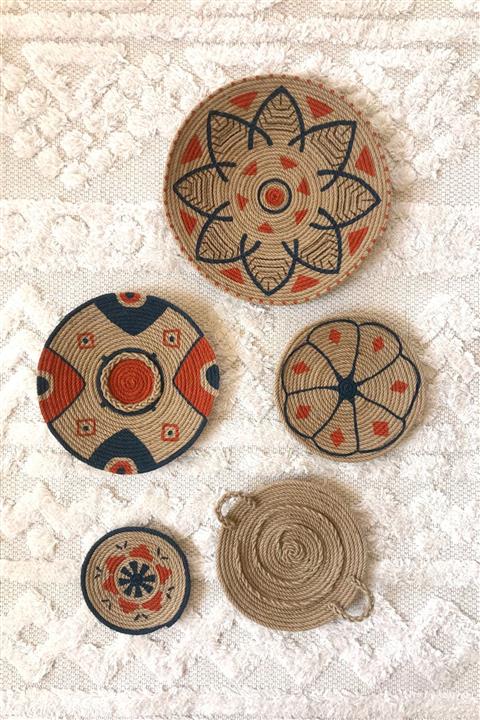 Bohemyuva Terra Rosa Serisi 5'li Bohem Afrika Etnik Hasır Duvar Tabak Seti