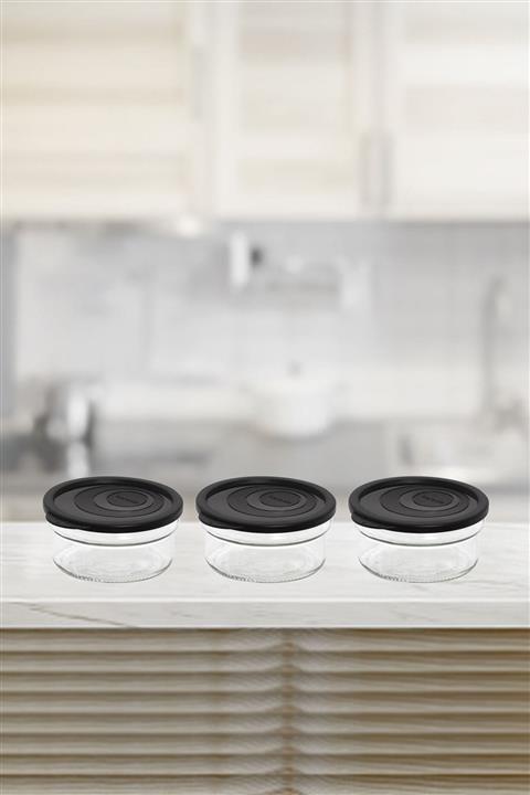 krommet 3lü Siyah Renk Kapaklı Cam Kahvaltı Kabı, Saklama Kabı 425 Cc