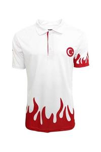 Dragon Unisex Beyaz Alev Desenli Polo Yaka Milli Takım Tişörtü