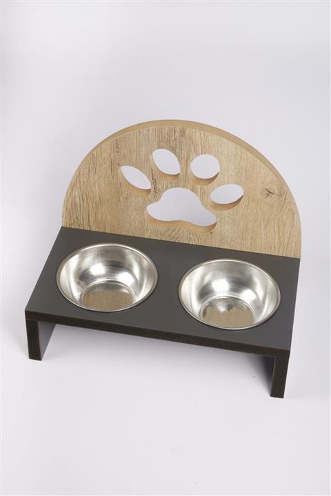 MiniHediye Mama Kabı Pati Desenli Ahşap Kedi Köpek Su Mama Kabı Çelik Kaseli