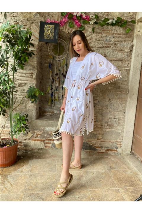 AYSEL SUCUOĞLU Kadın Beyaz Bronz Pul Nakış İşlemeli  Pareo