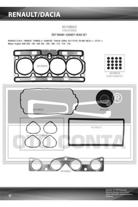 Universal Ust Takım Conta Kecelı Twıngo Clıo Iı 1.2 16v Teflon Kecelı