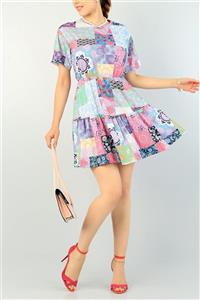tknfashion Desenli Beli Lastikli Renkli Mini Elbise