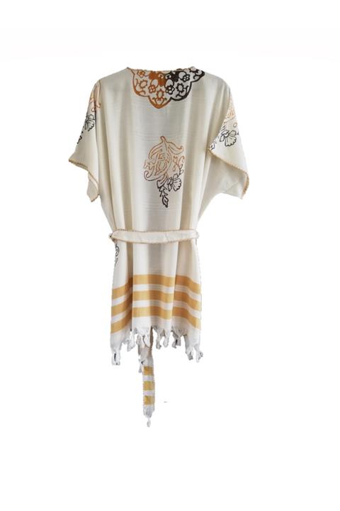 noyin Kadın Beyaz Hardal Çizgili Bambu Kimono