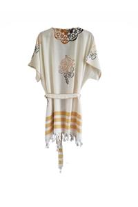 noyin Kadın Beyaz Hardal Çizgili Bambu Kimono