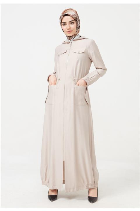 Setrms Kadın Bej Kapüşonlu Bağcıklı Pardesü