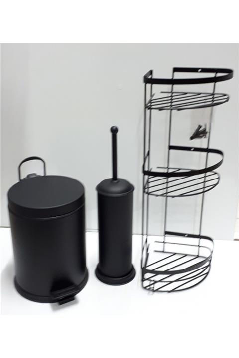 Defne Banyo Pedallı Çöp Kovası 5 Litre, Klozet Fırçası Ve 3 Lü Köşe Mat Siyah