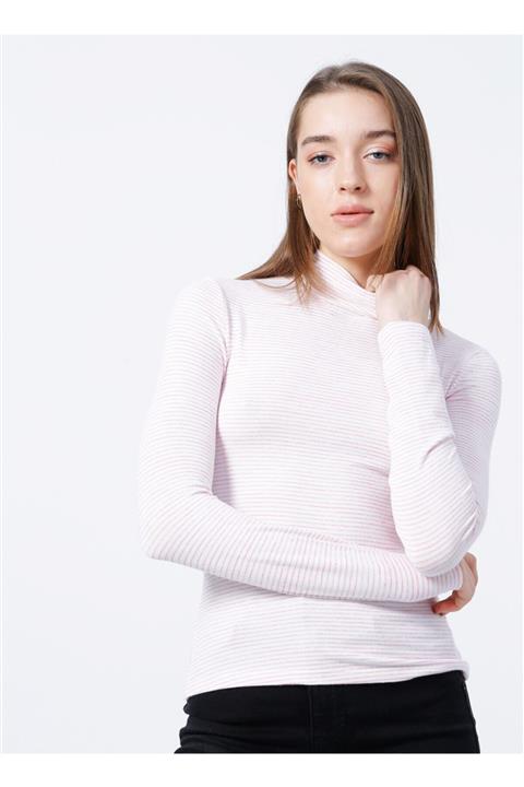 Fabrika I-sette Dik Yaka Uzun Kollu Basic Çizgili Beyaz Pembe Kadın T-shirt