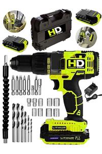 HD Hammer Drill American 48 V 6 Ah River Metal Şanzuman Bakır Sargılı Çift Akülü Şarjlı Vidalama 27 Parça Set