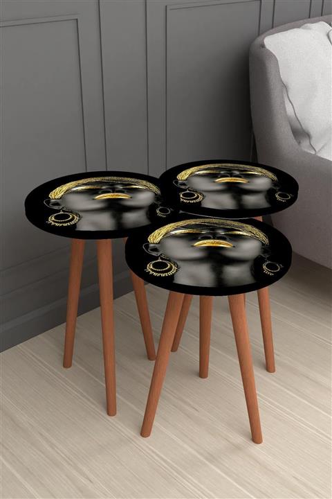 Osso Halı Osso Sarı Saçlı Zenci Kız 3d Desenli 3lü Ahşap Zigon Sehpa Seti