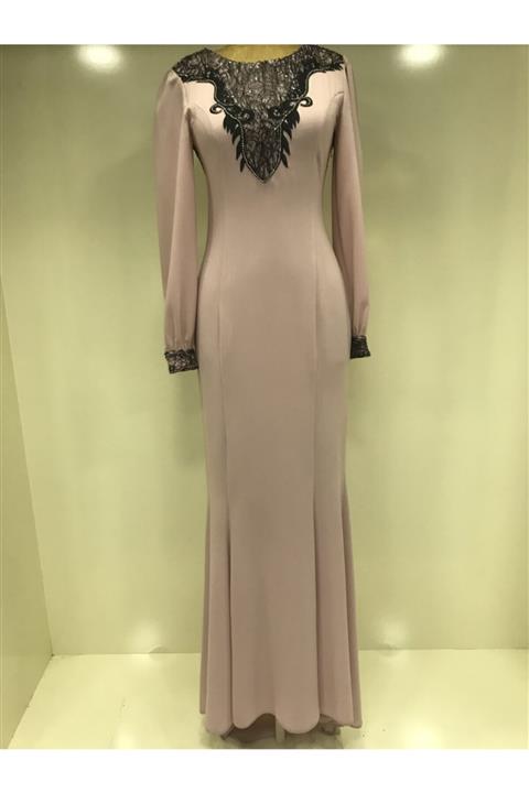 Kübra Tekstil ve Giyim Kadın Pudra Güpür Ve Taş Detaylı Balık Elbise