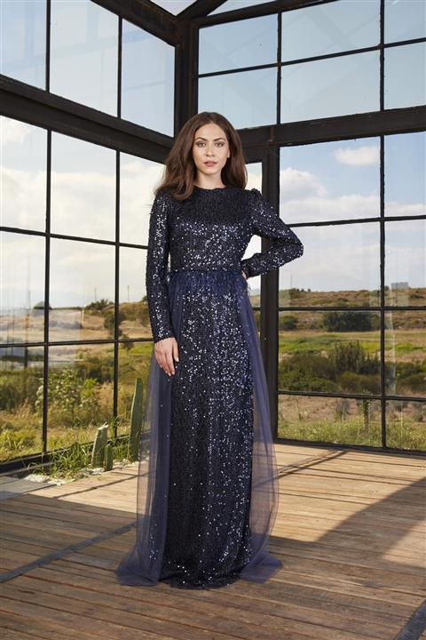 ANNAHAR TESETTÜR Kadın Lacivert Tül Detaylı Taşlı Abiye Elbise