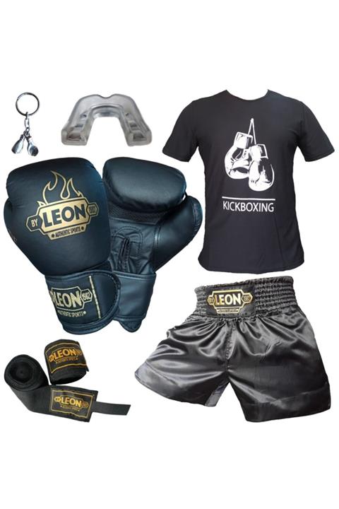 By Leon 1982 Boks Eldiveni Ground Kick Boks Şortu Tişört, Bandaj, Dişlik Seti Siyah L-7071
