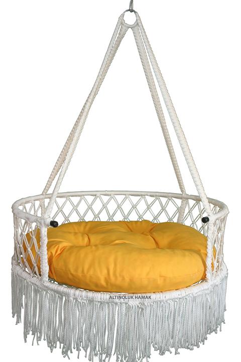 ALTINOLUK HAMAK 80'lık Püsküllü Davul Salıncak Beyaz ( Sarı Minderli)