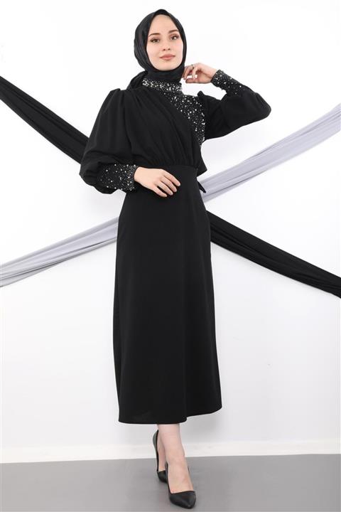 Giza Giyim Taş Işlemeli Tesettür Abiye Siyah