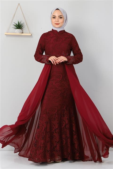 Modamihram Taş Detaylı Balık Abiye Bordo